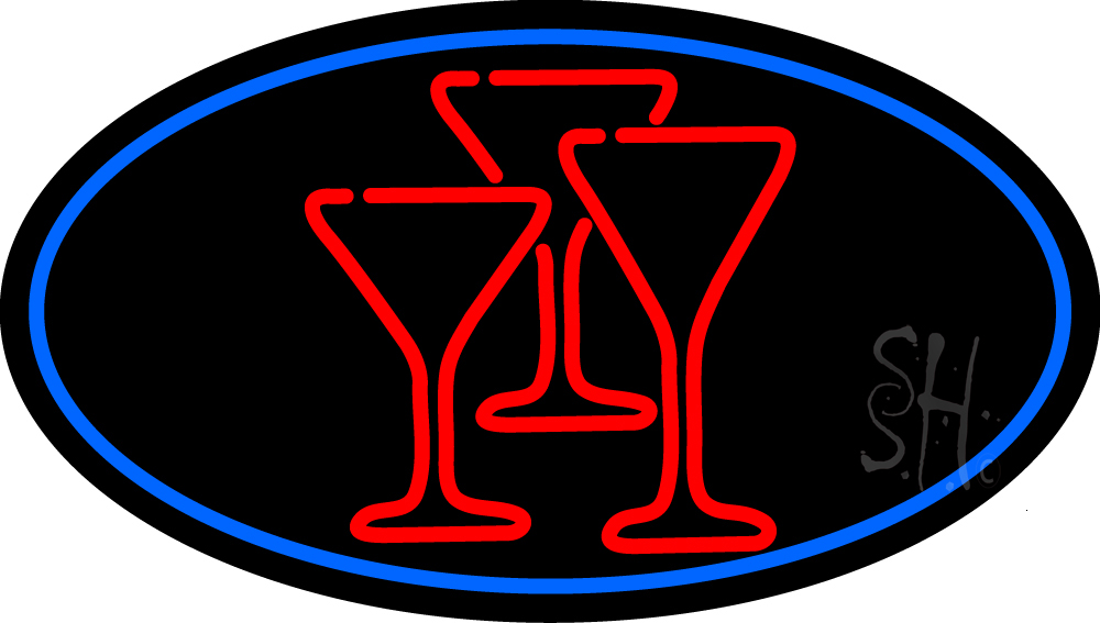 Martini Glasses Oval with Blue Border Clear Backing Neon Sign - Red & Blue - 17 in. Tall x 30 in. Wide