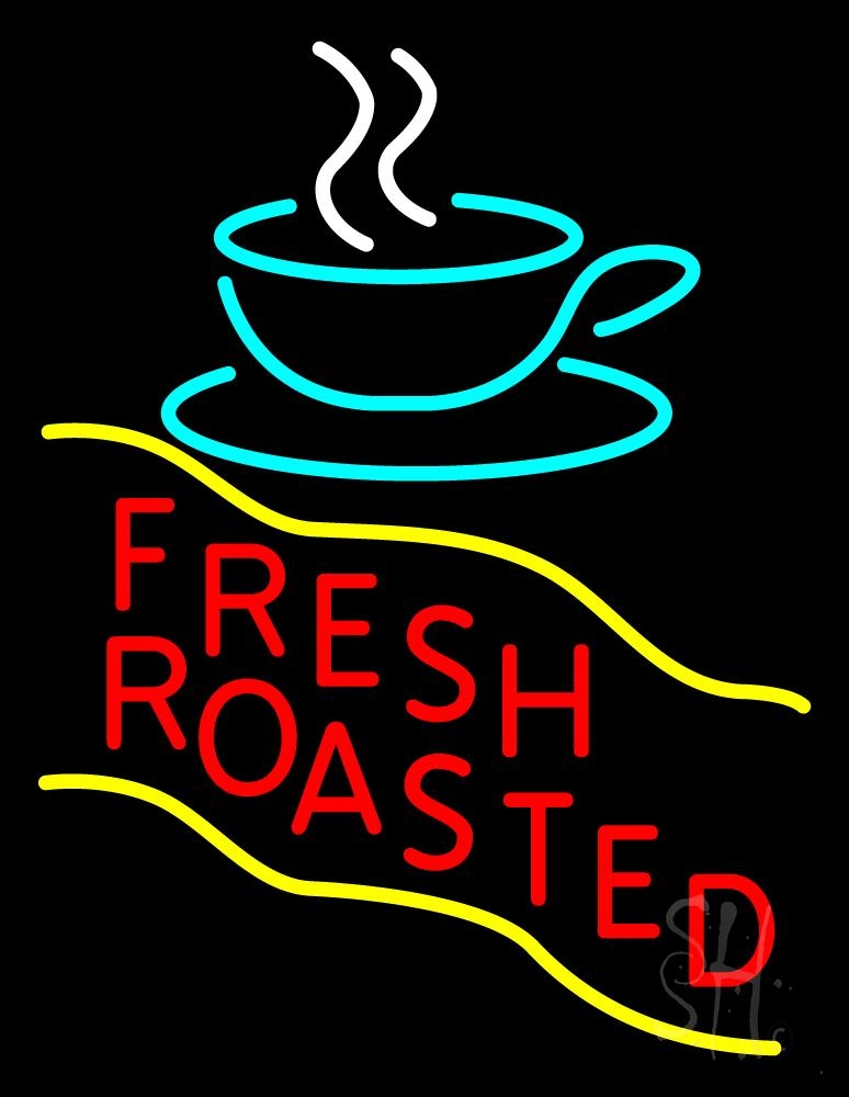 Red Fresh Roasted Coffee Cup Clear Backing Neon Sign - White, Turquoise, Yellow & Red - 24 in. Tall x 31 in. Wide