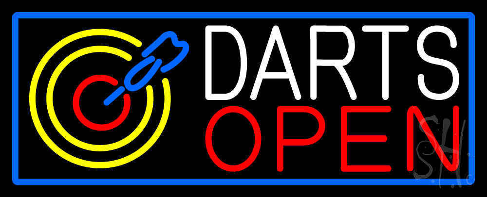 Dart Board Open with Blue Border Clear Backing Neon Sign - Blue, White, Red & Yellow - 13 in. Tall x 32 in. Wide