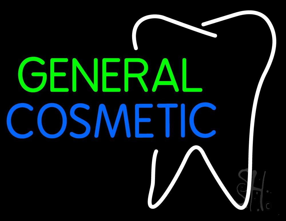 N105-2333-clear General Cosmetic with Tooth Logo Clear Backing Neon Sign - Green, Blue & White - 24 in. Tall x 31 in. Wide