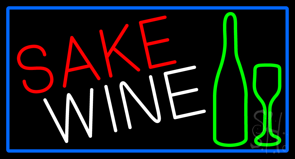 Sake Wine Bottle Glass with Blue Border Clear Backing Neon Sign - Blue, Red, White & Green - 20 in. Tall x 37 in. Wide