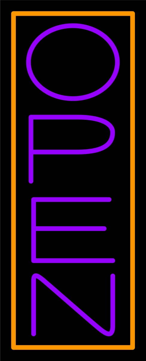 N100-06430-clear Purple Open with Orange Border Vertical Clear Backing Neon Sign - Purple & Orange - 32 in. Tall x 13 in. Wide
