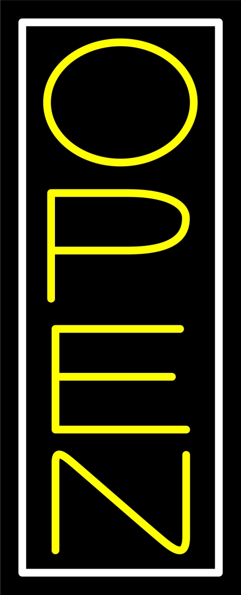 N100-06463-clear Yellow Open with White Border Vertical Clear Backing Neon Sign - Yellow & White - 32 in. Tall x 13 in. Wide
