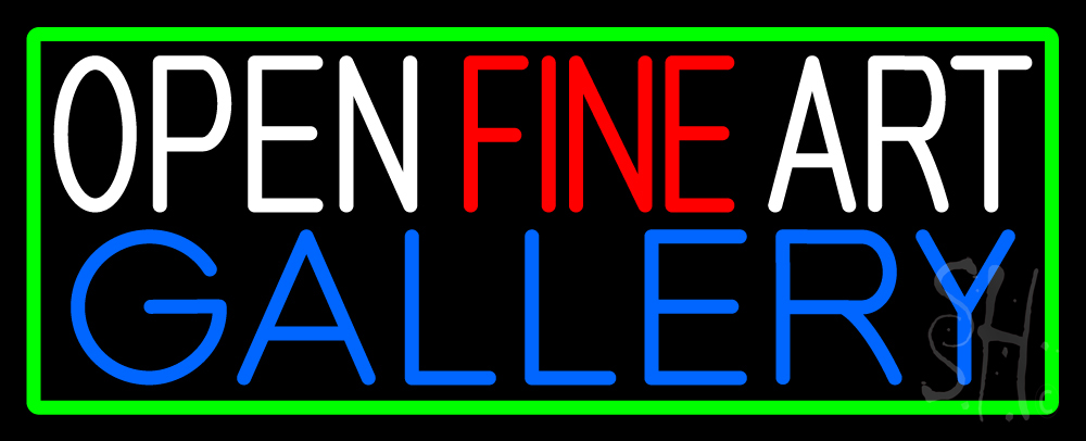 Open Fine Art Gallery with Green Border Clear Backing Neon Sign - White, Red, Blue & Green - 13 in. Tall x 32 in. Wide