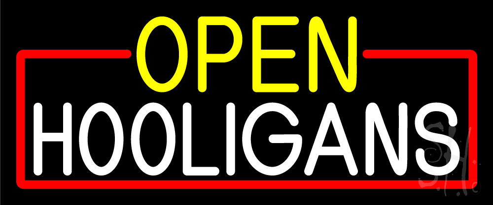 N105-16672-clear Open Hooligans with Red Border Clear Backing Neon Sign - Yellow, Red & White - 10 in. Tall x 24 in. Wide