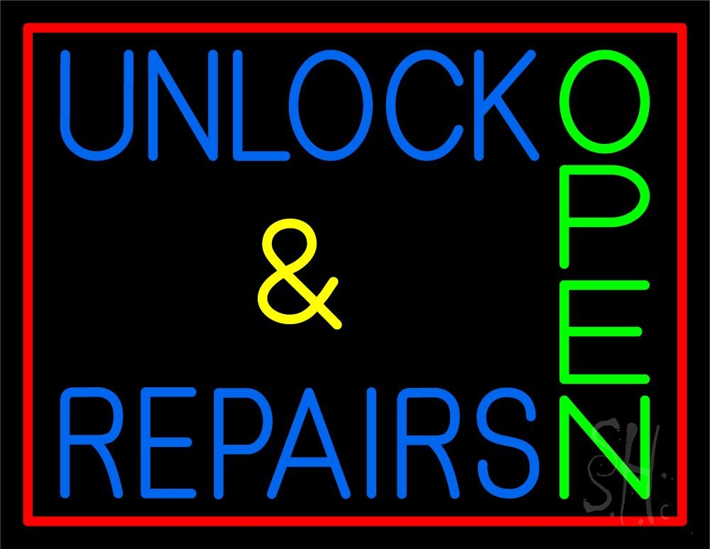 N105-6145-clear Unlock & Repairs Green Open Red Border Clear Backing Neon Sign - Blue, Red, Green & Yellow - 24 in. Tall x 31 in. Wide