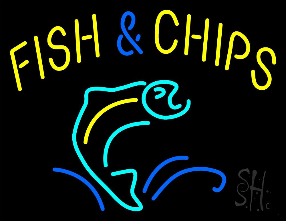 N105-1159-clear Yellow Fish & Chips Clear Backing Neon Sign - Yellow, Turquoise & Blue - 24 in. Tall x 31 in. Wide