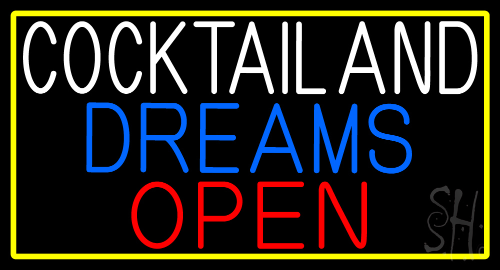 Cocktail & Dreams Open with Yellow Border Clear Backing Neon Sign - Yellow, White, Blue & Red - 20 in. Tall x 37 in. Wide