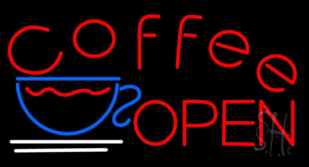 N105-1518-clear Red Coffee Open Clear Backing Neon Sign - Red, Blue & White - 20 in. Tall x 37 in. Wide
