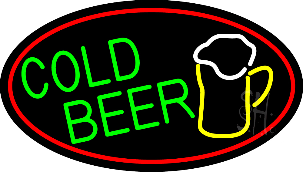 N105-15208-clear Cold Beer & Mug Oval with Red Border Clear Backing Neon Sign - Red, Green, Yellow & White - 17 in. Tall x 30 in. Wide