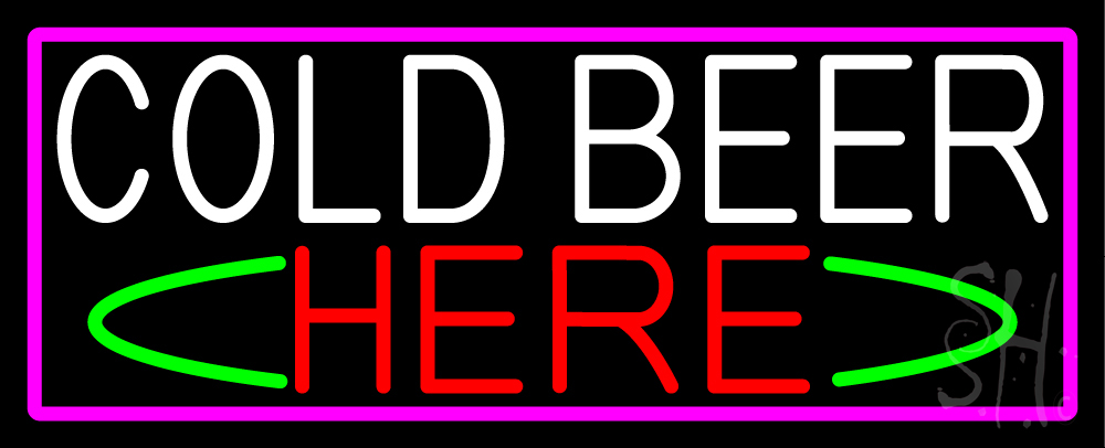 N105-15221-clear Cold Beer Here with Pink Border Clear Backing Neon Sign - White, Red, Green & Pink - 13 in. Tall x 32 in. Wide