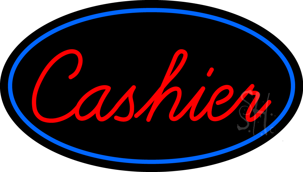 N105-15268-clear Cursive Red Cashier Oval with Blue Border Clear Backing Neon Sign - Red & Blue - 17 in. Tall x 30 in. Wide