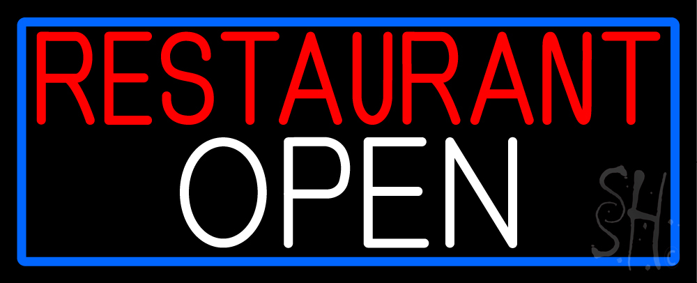 Restaurant Open with Blue Border Clear Backing Neon Sign - Blue, White & Red - 13 in. Tall x 32 in. Wide