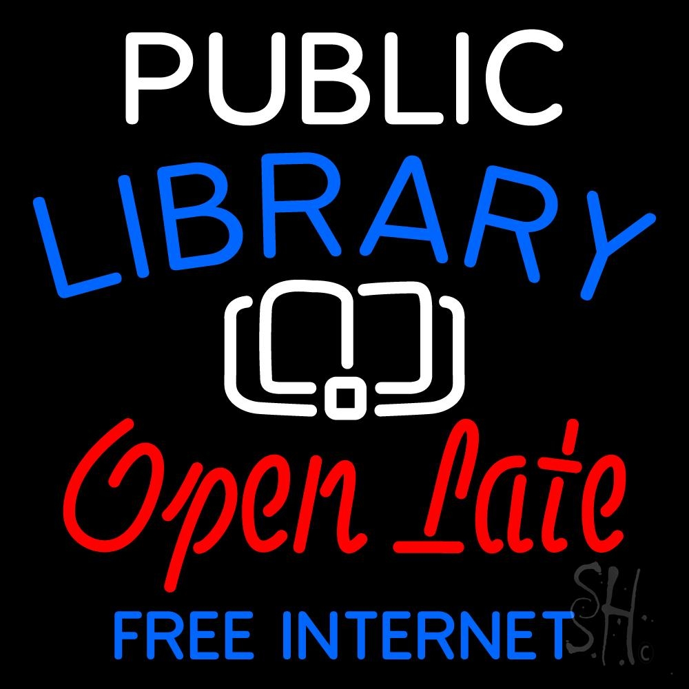 Public Library Open Late Free Internet Clear Backing Neon Sign - White, Blue & Red - 24 in. Tall x 24 in. Wide