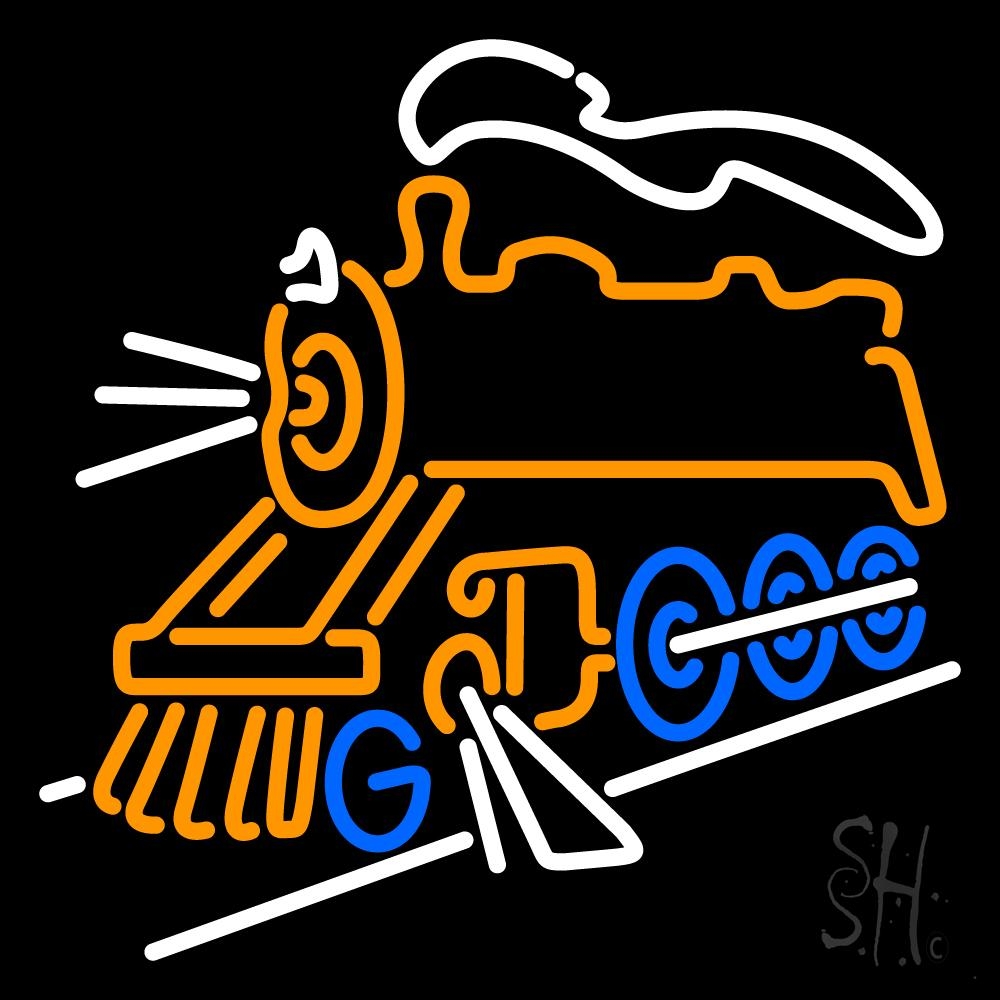 N105-9044-clear Electric Train Logo 1 Clear Backing Neon Sign - White, Orange & Blue - 24 in. Tall x 24 in. Wide