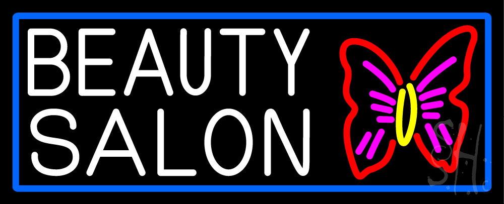 N105-15003-clear Beauty Salon with Butterfly Logo with Blue Border Clear Backing Neon Sign - Multi Color - 13 in. Tall x 32 in. Wide