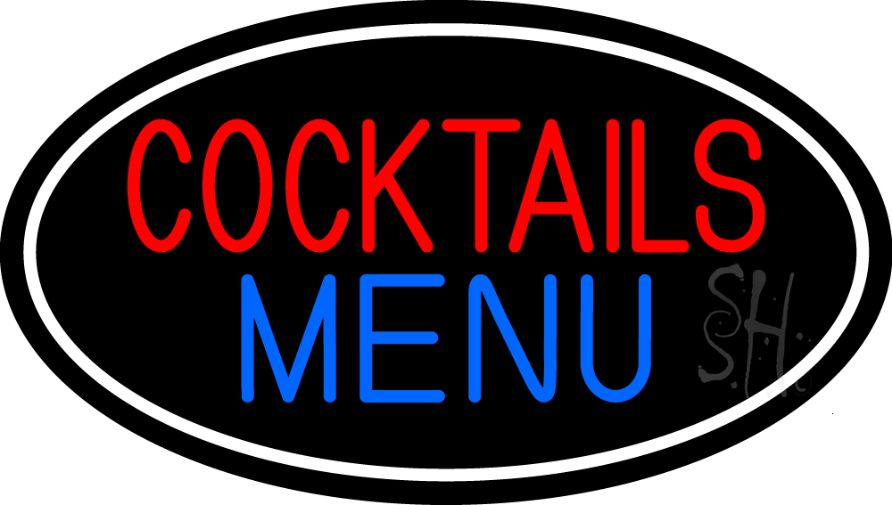 N105-15177-clear Cocktail Menu with Bottle & Glass Clear Backing Neon Sign - Red, Blue & White - 17 in. Tall x 30 in. Wide