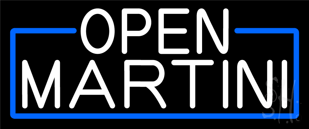 N105-17030-clear White Open Martini with Blue Border Clear Backing Neon Sign - White & Blue - 10 in. Tall x 24 in. Wide