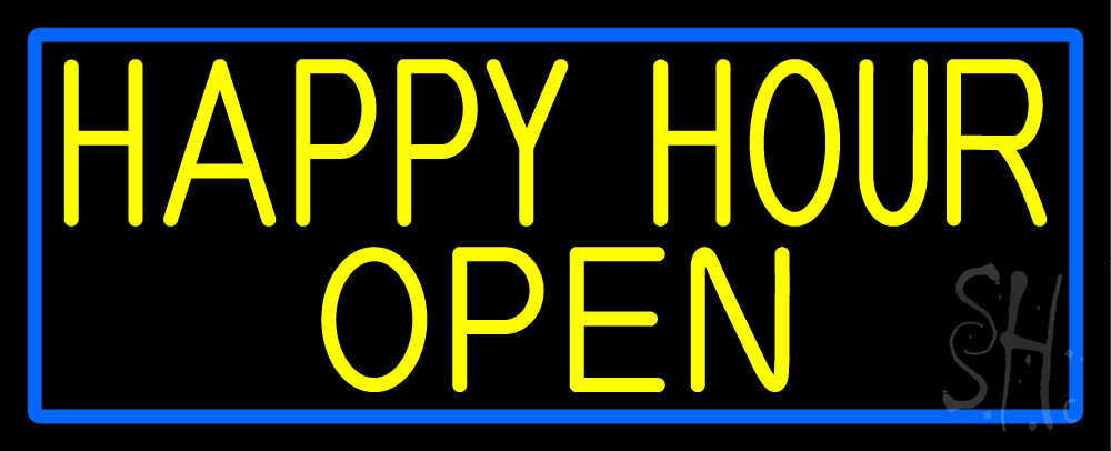 N105-17102-clear Yellow Happy Hour Open with Blue Border Clear Backing Neon Sign - Yellow & Blue - 13 in. Tall x 32 in. Wide