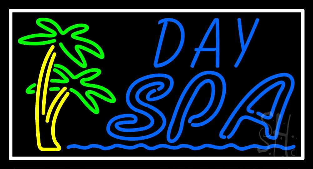 N105-1740-clear Day Spa with Palm Trees Clear Backing Neon Sign - Yellow, White, Green & Blue - 20 in. Tall x 37 in. Wide