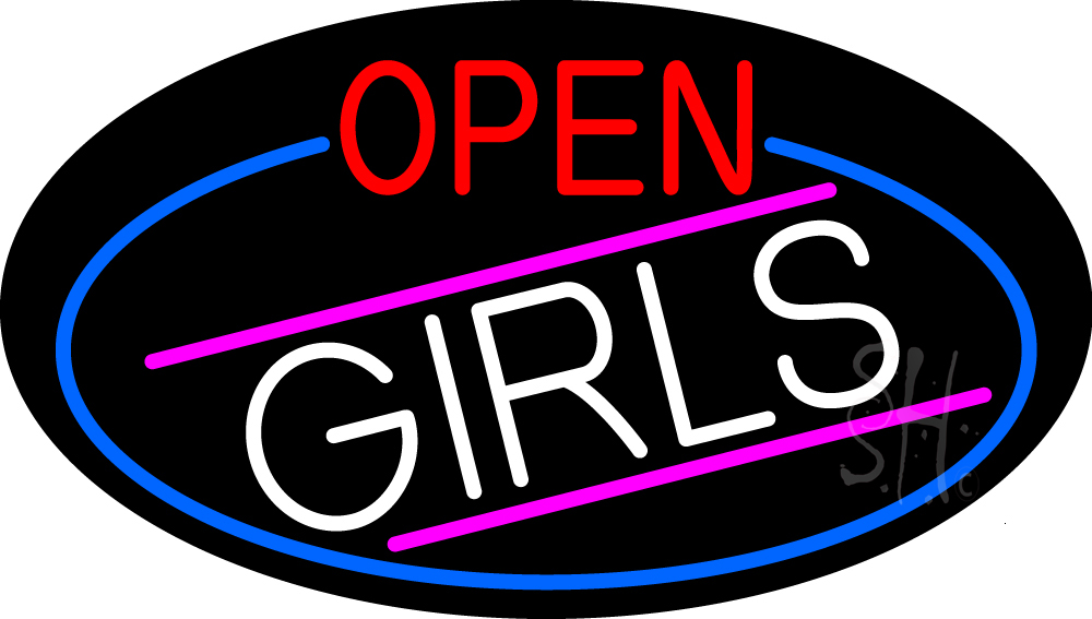N105-16663-clear Open Girls Oval with Blue Border Clear Backing Neon Sign - Blue, Red, Pink & White - 17 in. Tall x 30 in. Wide