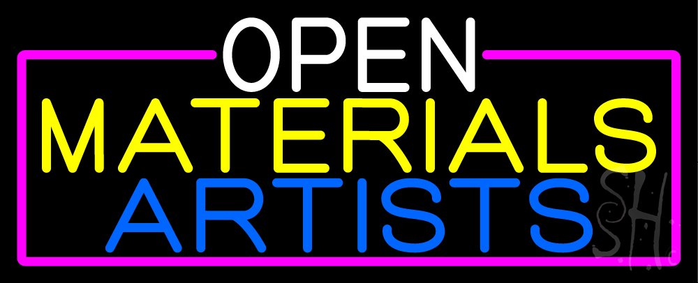 N105-16709-clear Open Materials Artists with Pink Border Clear Backing Neon Sign - White, Yellow, Blue & Pink - 13 in. Tall x 32 in. Wide