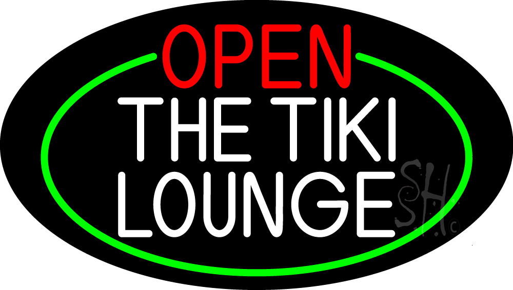 N105-16780-clear Open The Tiki Lounge Oval with Green Border Clear Backing Neon Sign - Green, White & Red - 17 in. Tall x 30 in. Wide