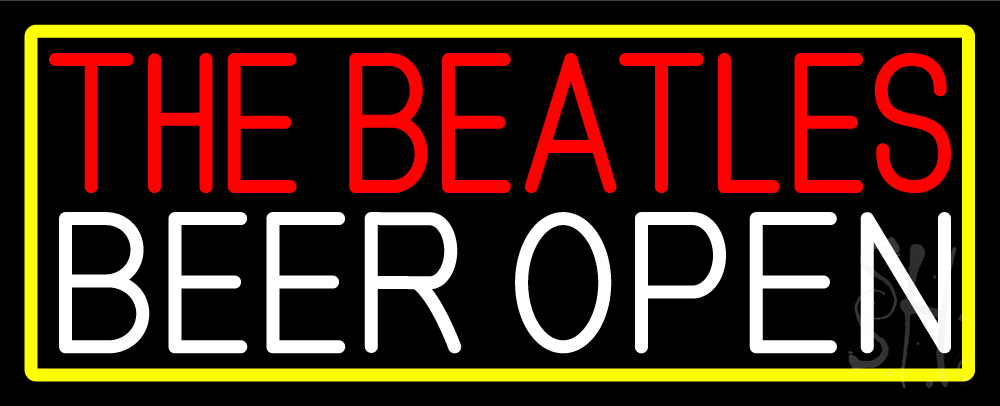 N105-16930-clear The Beatles Beer Open with Yellow Border Clear Backing Neon Sign - Red, White & Yellow - 13 in. Tall x 32 in. Wide