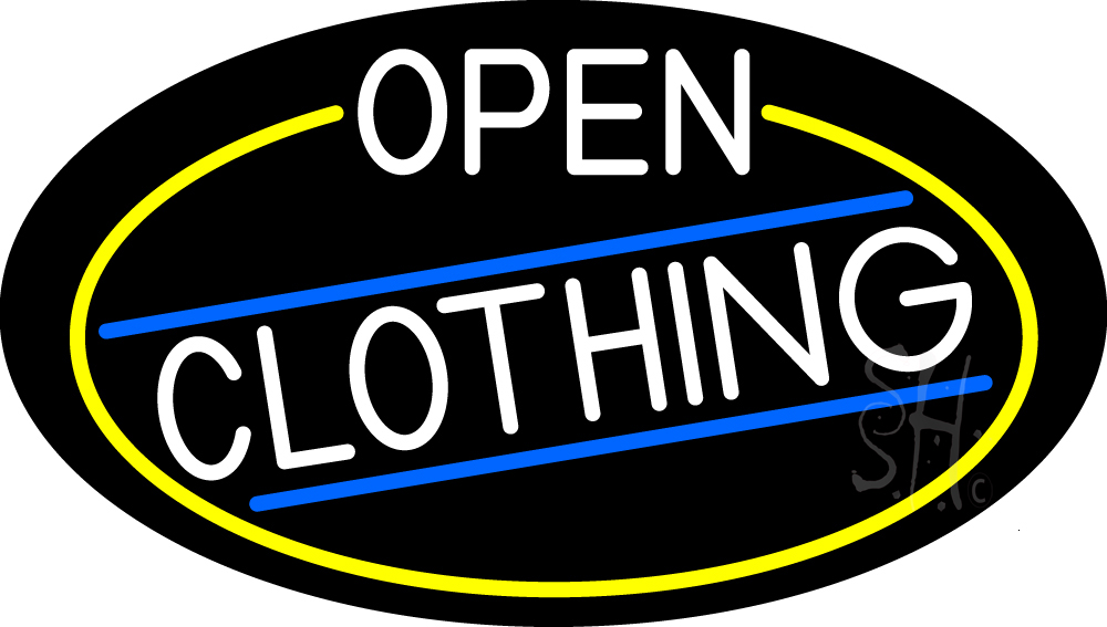 N105-16984-clear White Open Clothing Oval with Yellow Border Clear Backing Neon Sign - White, Blue & Yellow - 17 in. Tall x 30 in. Wide
