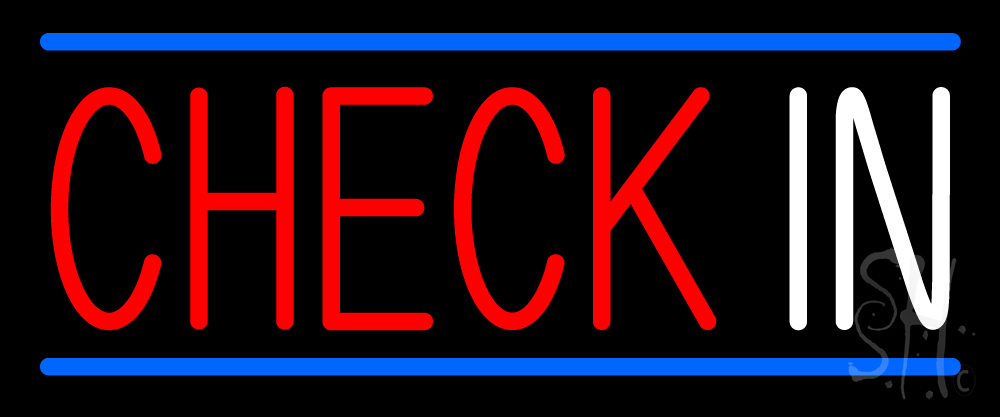 N105-15117-clear Check In with Blue Border Clear Backing Neon Sign - Blue, Red & White - 10 in. Tall x 24 in. Wide