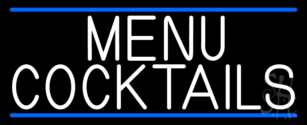 N105-15179-clear Cocktail Menu with Bottle & Glass Open Clear Backing Neon Sign - White & Blue - 13 in. Tall x 32 in. Wide