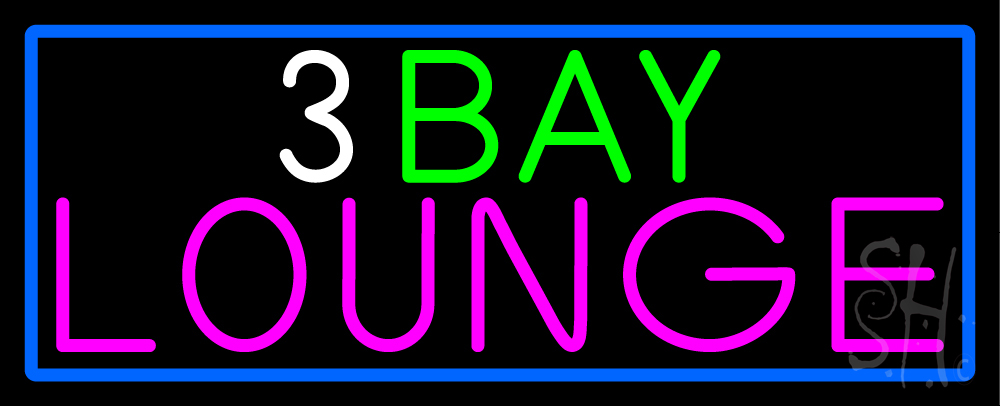 N105-14924-clear 3 Bay Lounge with Blue Border Clear Backing Neon Sign - Blue, White, Green & Pink - 13 in. Tall x 32 in. Wide