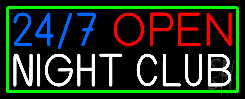 N105-14933-clear 24 7 Open Night Club Clear Backing Neon Sign - Blue, Red, White & Green - 13 in. Tall x 32 in. Wide