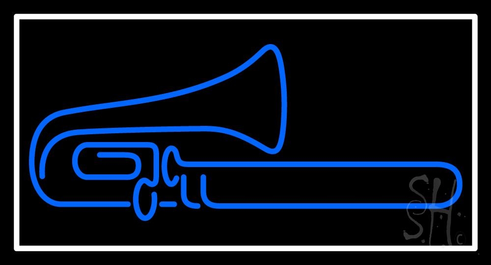 N105-9729-clear Blue Trumpet Saxophone White Border Clear Backing Neon Sign - Blue & White - 20 in. Tall x 37 in. Wide