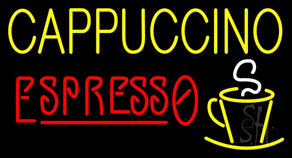N105-1486-clear Double Stroke Cappuccino Espresso Clear Backing Neon Sign - Yellow, Red & White - 20 in. Tall x 37 in. Wide