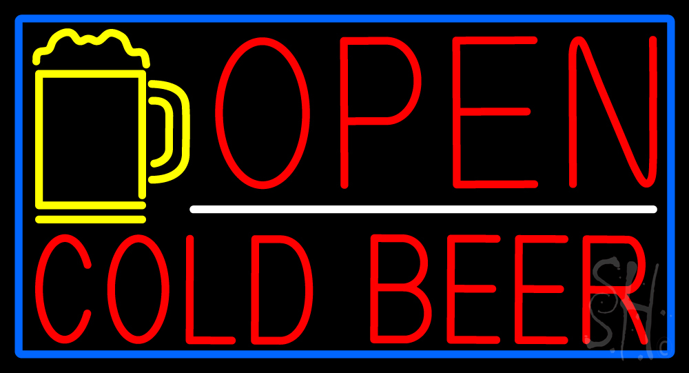 Red Cold Beer with Yellow Mug Open with Blue Border Clear Backing Neon Sign - Yellow, Red, White & Blue - 20 in. Tall x 37 in. Wide