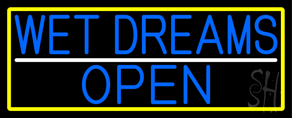 Blue Wet Dreams Open with Yellow Border Clear Backing Neon Sign - Blue, White & Yellow - 13 in. Tall x 32 in. Wide