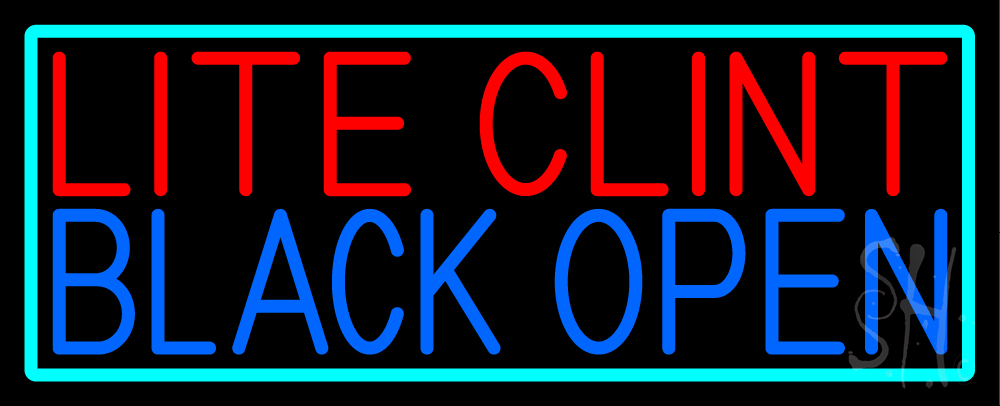 N105-16545-clear Lite Clint Black Open with Turquoise Border Clear Backing Neon Sign - Turquoise, Red & Blue - 13 in. Tall x 32 in. Wide