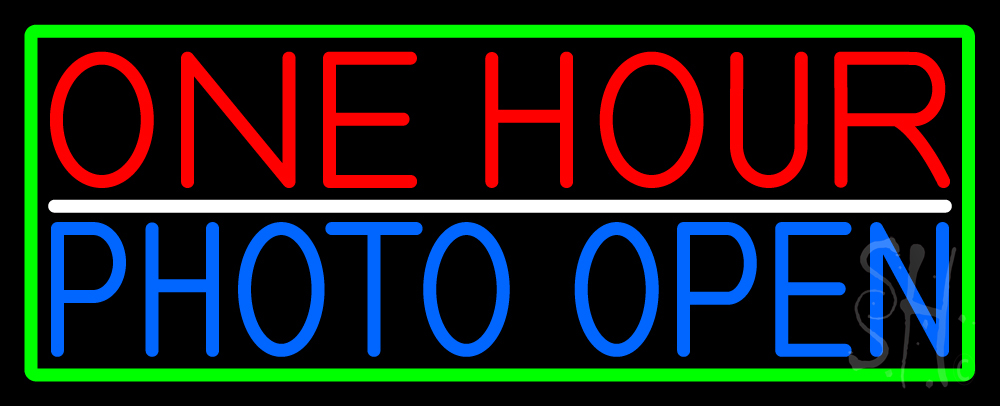 One Hour Photo Open with Green Border Clear Backing Neon Sign - Red, Blue, White & Green - 13 in. Tall x 32 in. Wide