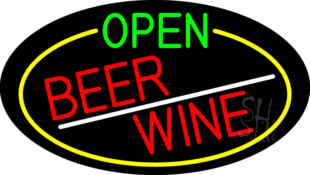 N105-16587-clear Open Beer Wine Oval with Yellow Border Clear Backing Neon Sign - Yellow, Green, Red & White - 17 in. Tall x 30 in. Wide