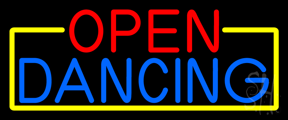N105-16623-clear Open Dancing with Yellow Border Clear Backing Neon Sign - Red, Blue & Yellow - 10 in. Tall x 24 in. Wide