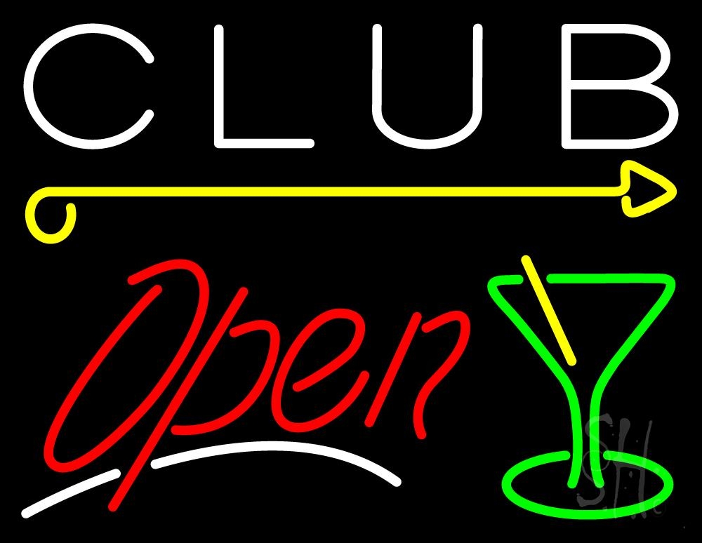 N105-3087-clear Martini Glass Club Open 1 Clear Backing Neon Sign - Green, Red, Yellow & White - 24 in. Tall x 31 in. Wide
