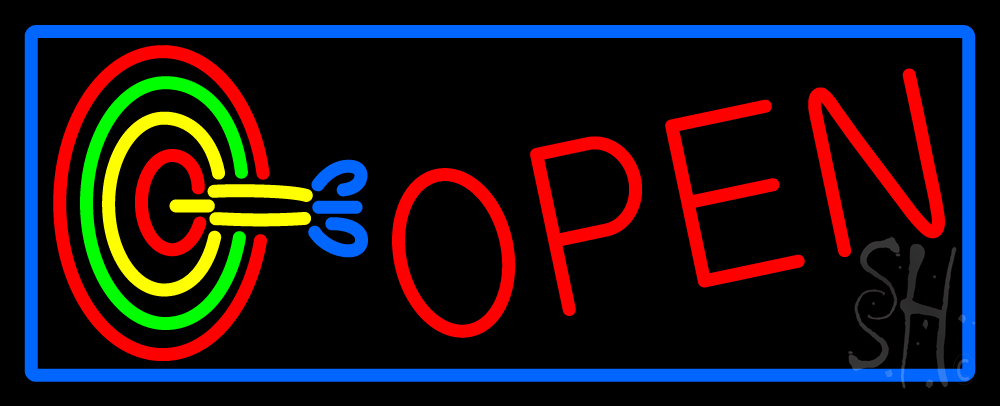 Dart Board Open with Blue Border Clear Backing Neon Sign - Blue, Red, Green & Yellow - 13 in. Tall x 32 in. Wide