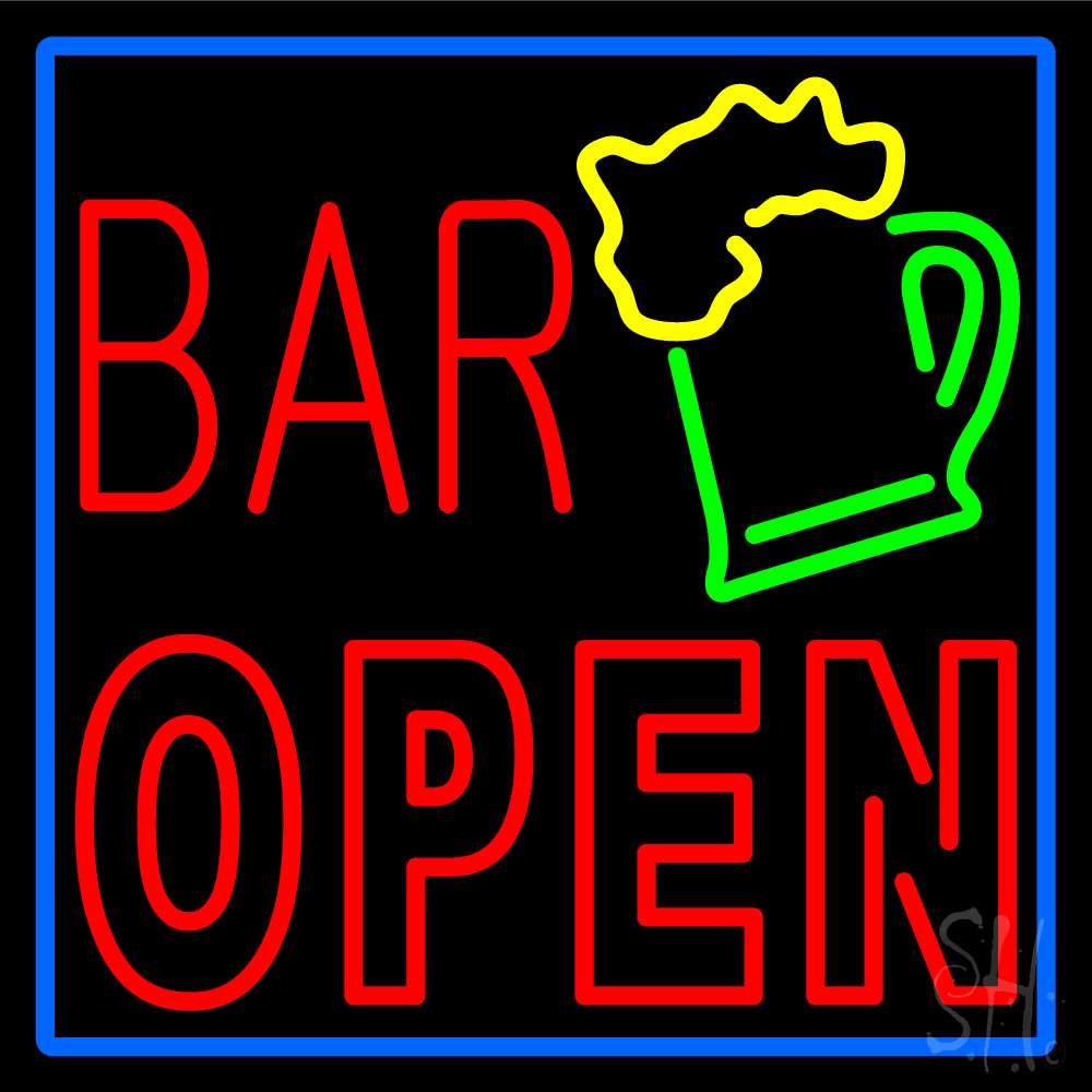 Double Stroke Bar Open with Beer Mug Clear Backing Neon Sign - Red, Green, Yellow & Blue - 24 in. Tall x 24 in. Wide