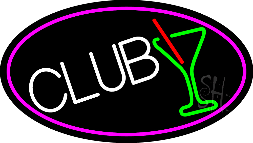 N105-15694-clear Martini Glass Club Oval with Pink Border Clear Backing Neon Sign - Pink, Green, Red & White - 17 in. Tall x 30 in. Wide