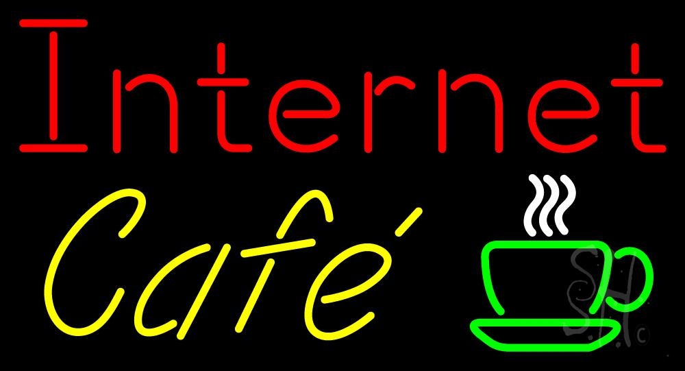 N105-3705-clear Internet Cafe with Coffee Cup Clear Backing Neon Sign - Red, Yellow, White & Green - 20 in. Tall x 37 in. Wide