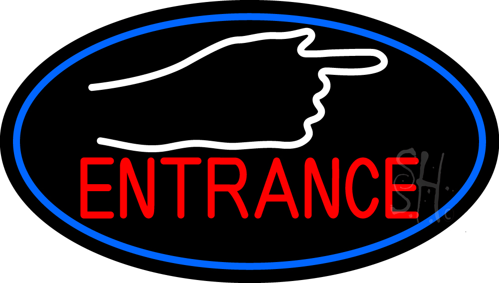 N105-15430-clear Entrance with Hand Pointing Oval with Blue Border Clear Backing Neon Sign - Blue, Red & White - 17 in. Tall x 30 in. Wide