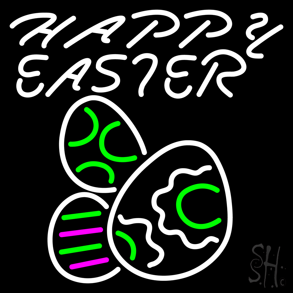 N105-14424-clear Happy Easter Egg 4 Clear Backing Neon Sign - White, Pink & Green - 24 in. Tall x 24 in. Wide