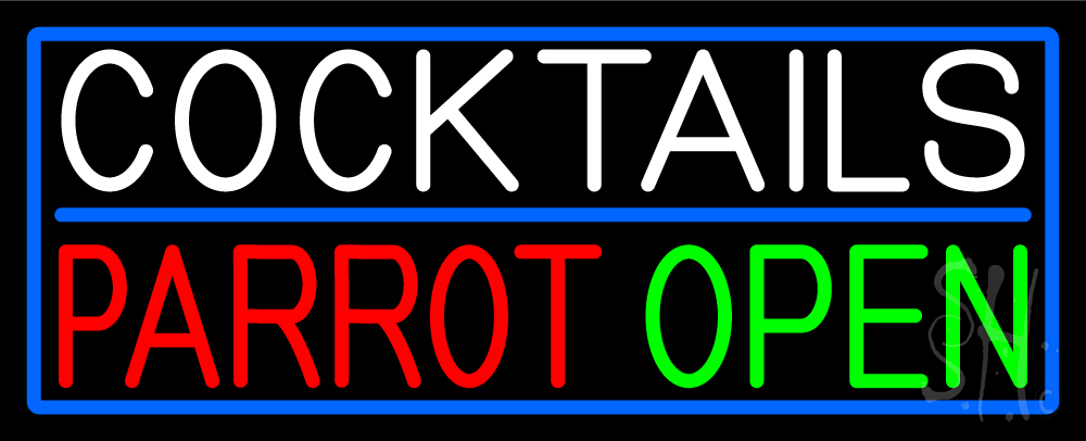 Cocktails Parrot Open with Blue Border Clear Backing Neon Sign - White, Red, Green & Blue - 13 in. Tall x 32 in. Wide