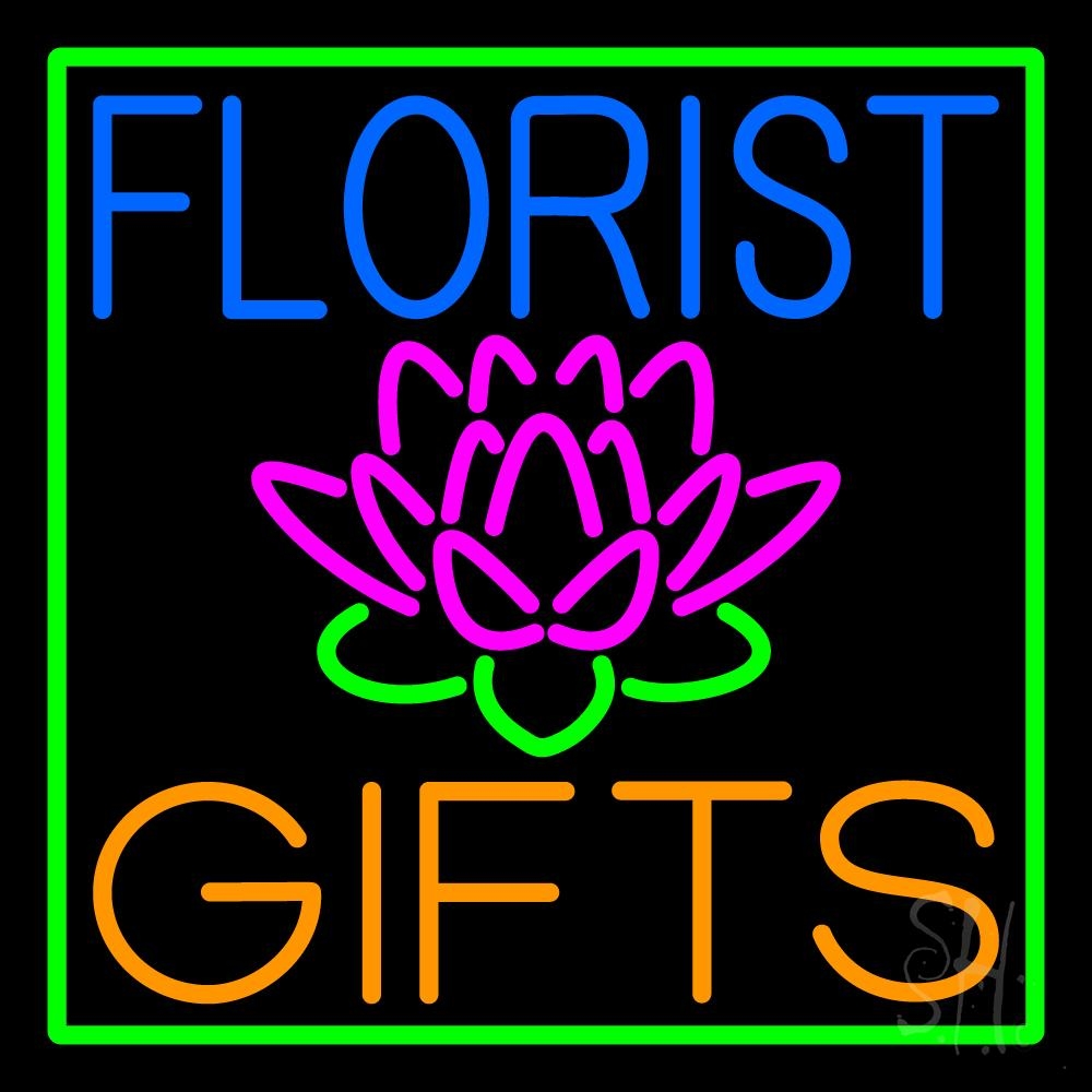 N105-6553-clear Florists Gifts Green Border Clear Backing Neon Sign - Blue, Orange, Green & Pink - 24 in. Tall x 24 in. Wide -  The Sign Store